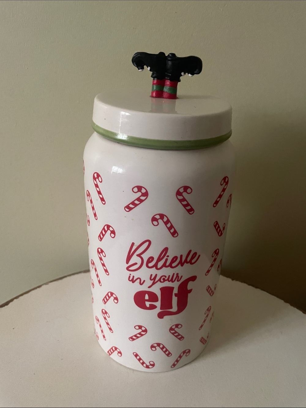 10 Strawberry Street " Believe in your Elf " Christmas canister/ cookie jar